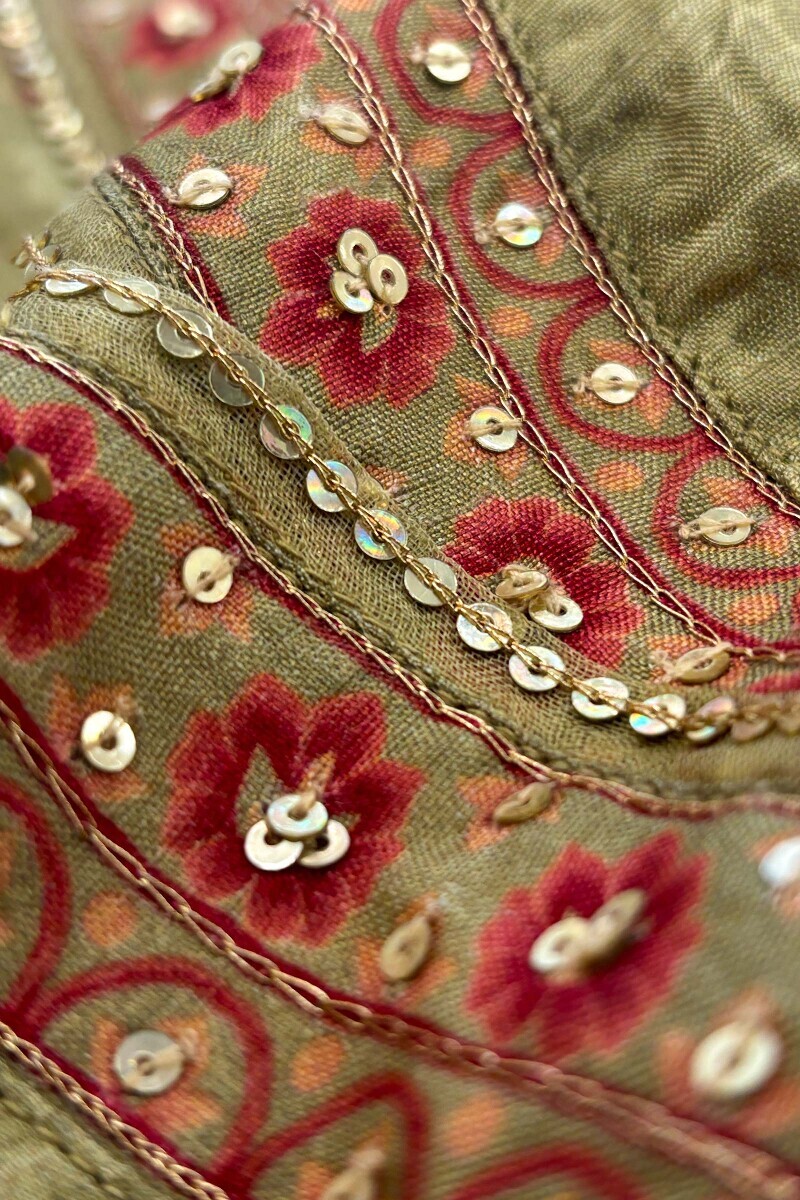 Green Printed A-Line Dola Silk Kurta