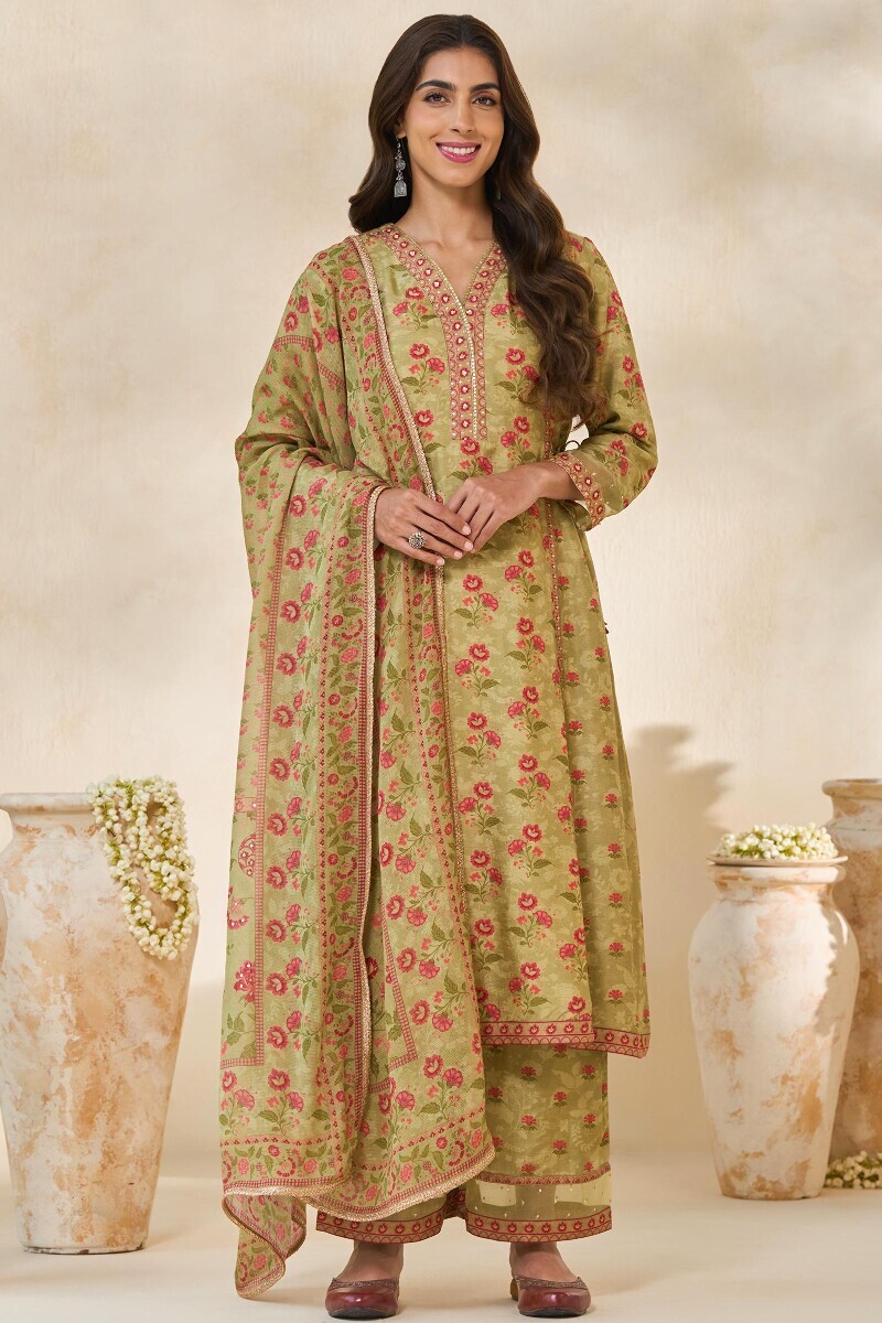 Green Printed A-Line Dola Silk Kurta