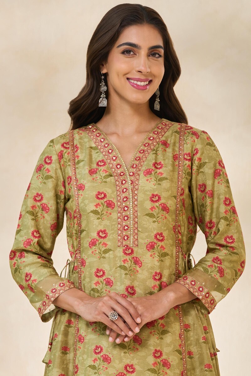 Green Printed A-Line Dola Silk Kurta
