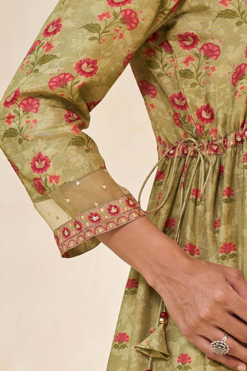 Green Printed A-Line Dola Silk Kurta