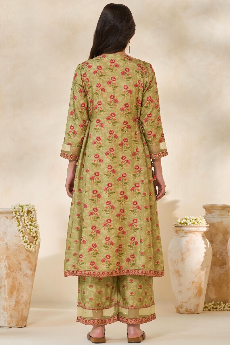 Green Printed A-Line Dola Silk Kurta