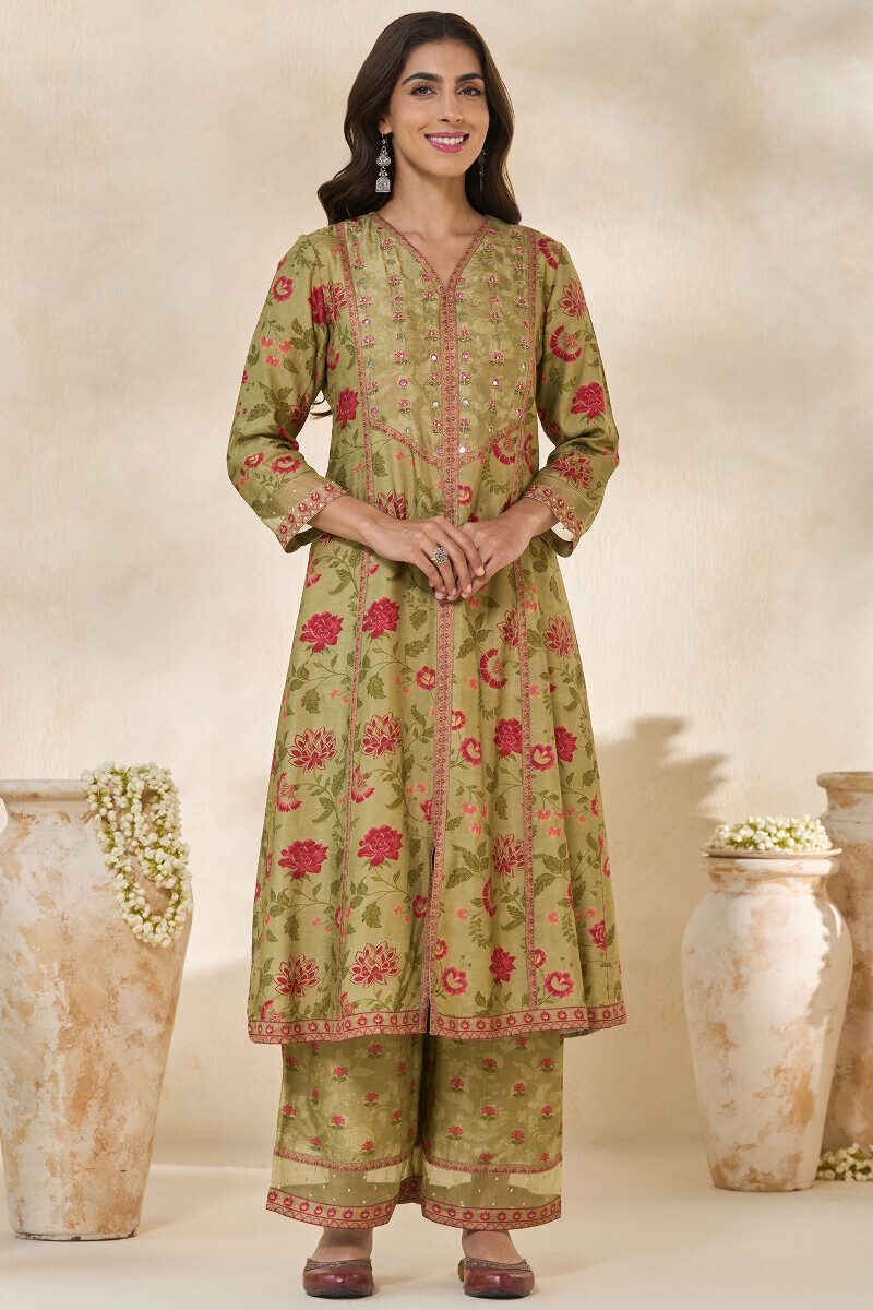 Green Printed A-Line Dola Silk Kurta