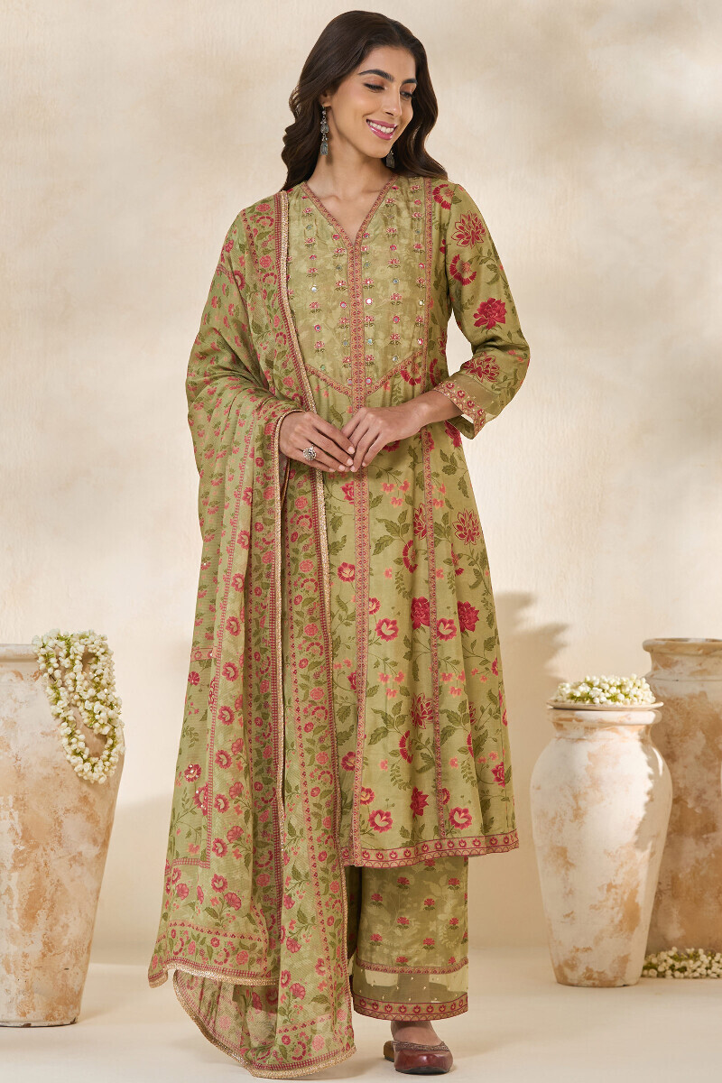 Green Printed A-Line Dola Silk Kurta