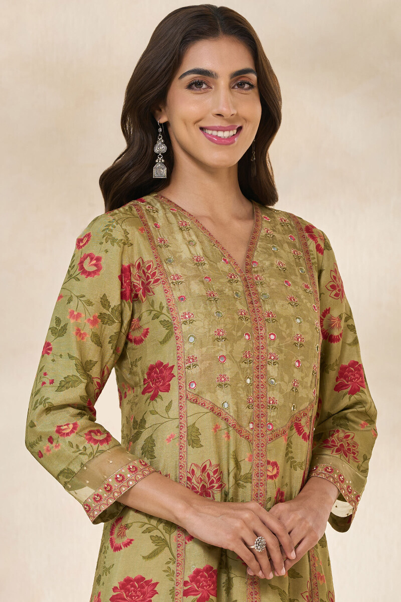 Green Printed A-Line Dola Silk Kurta