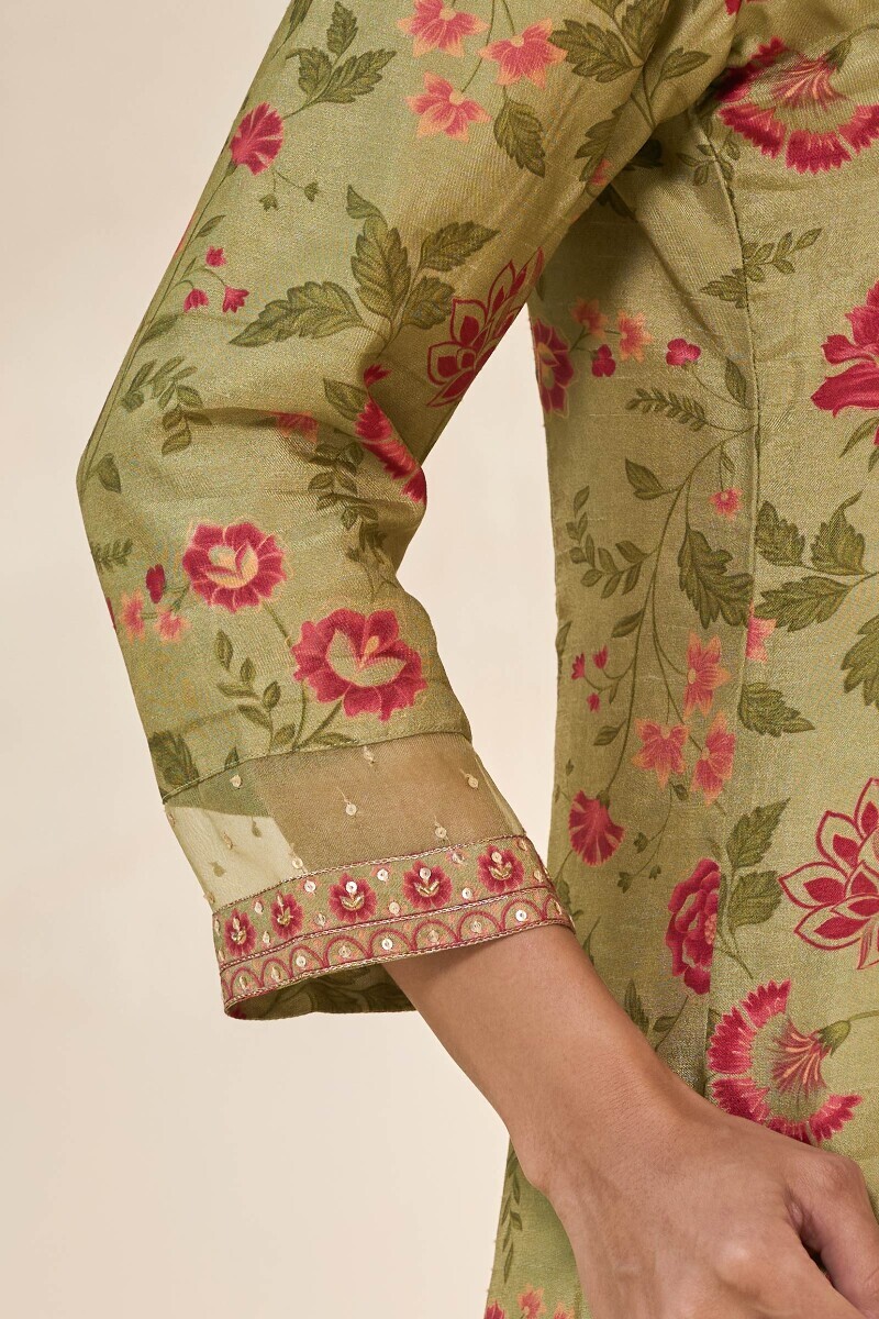Green Printed A-Line Dola Silk Kurta