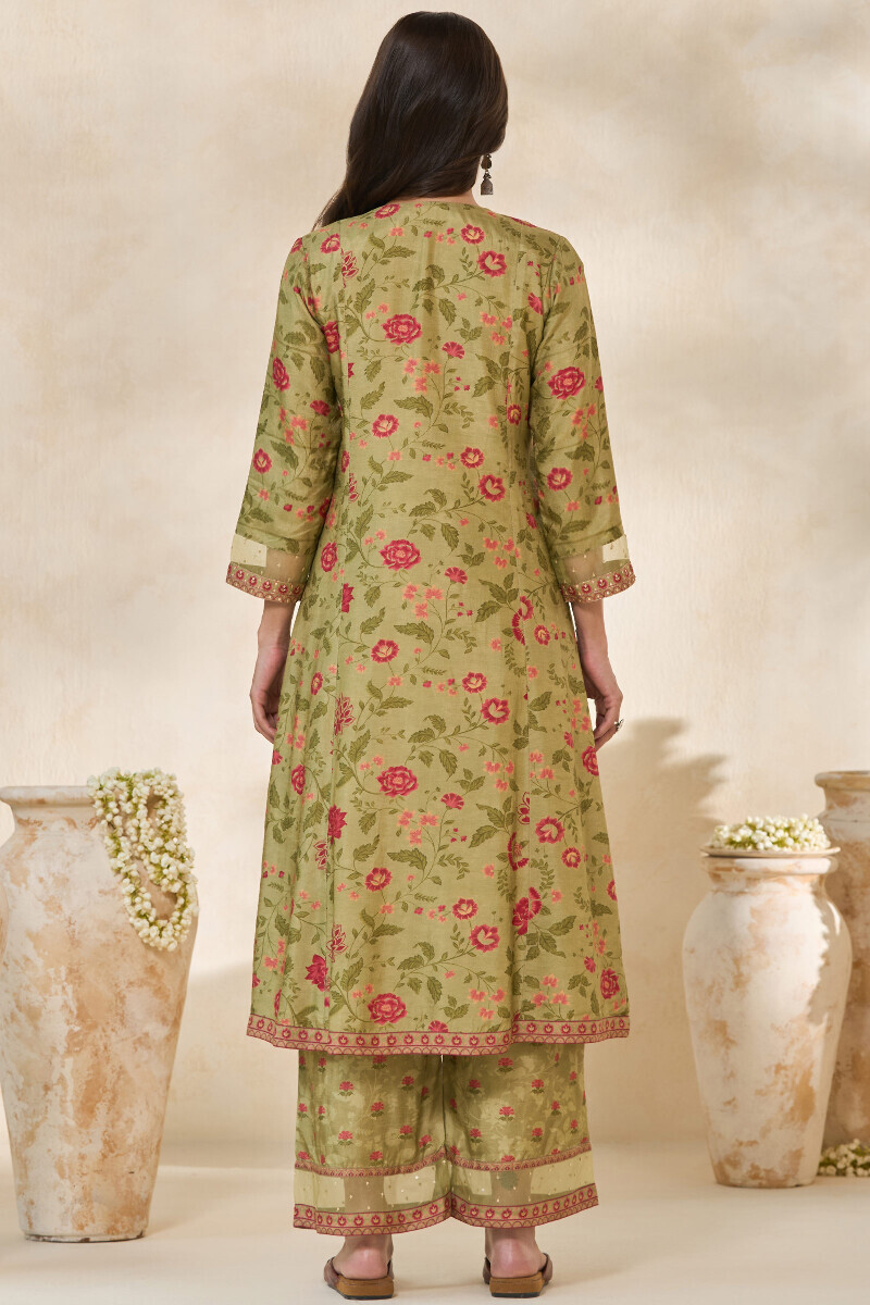 Green Printed A-Line Dola Silk Kurta