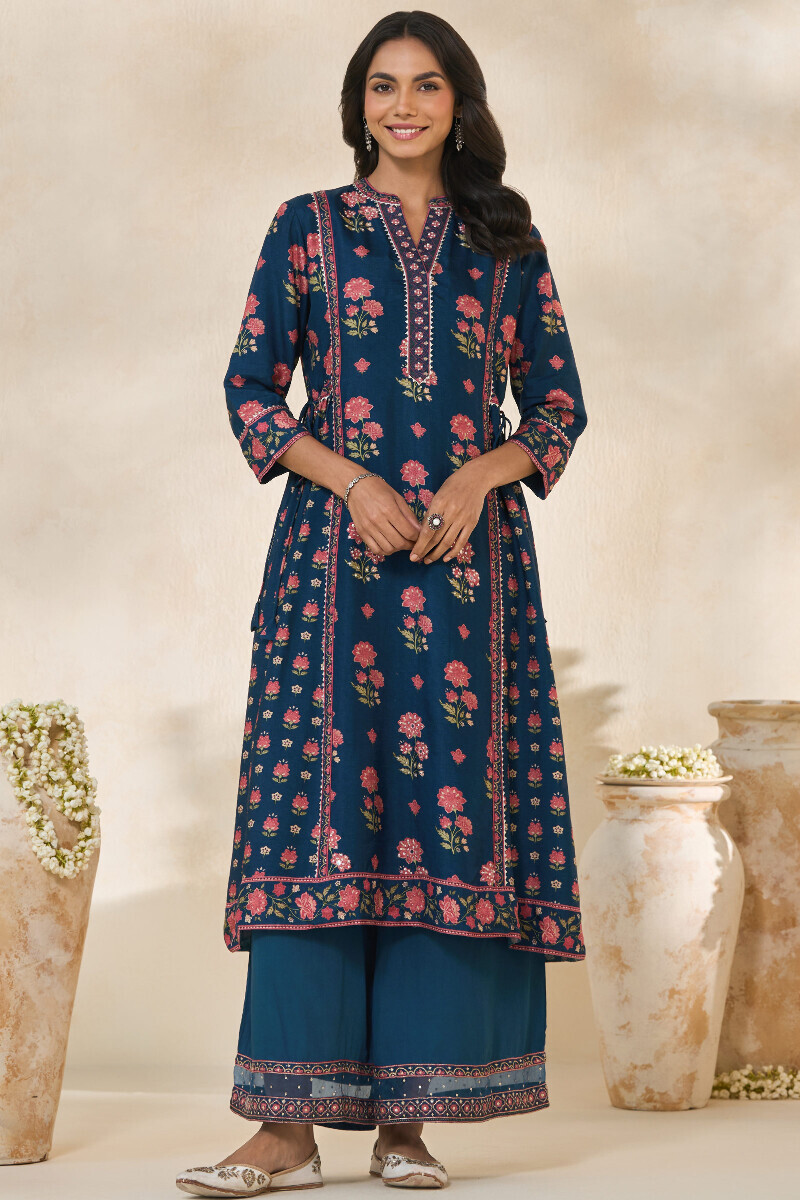 Blue Printed A-Line Dola Silk Kurta