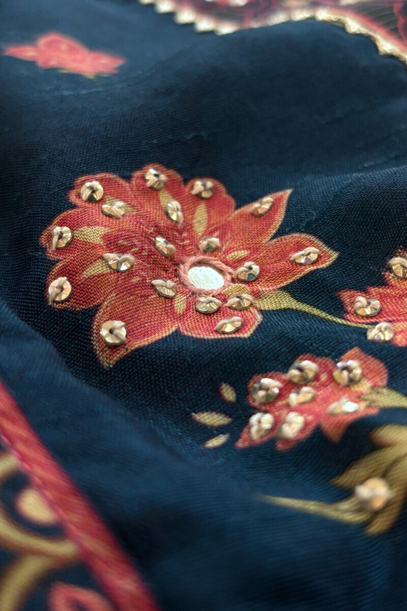 Blue Printed A-Line Dola Silk Kurta