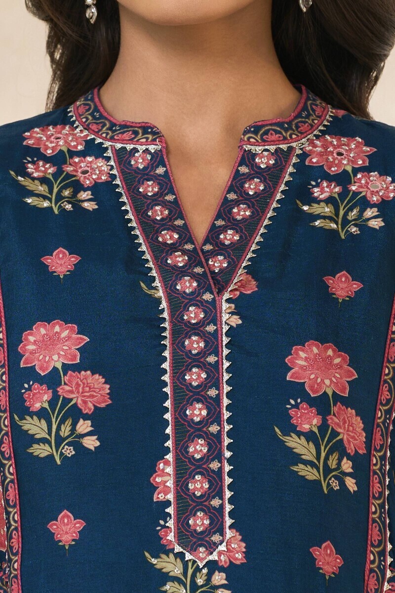 Blue Printed A-Line Dola Silk Kurta
