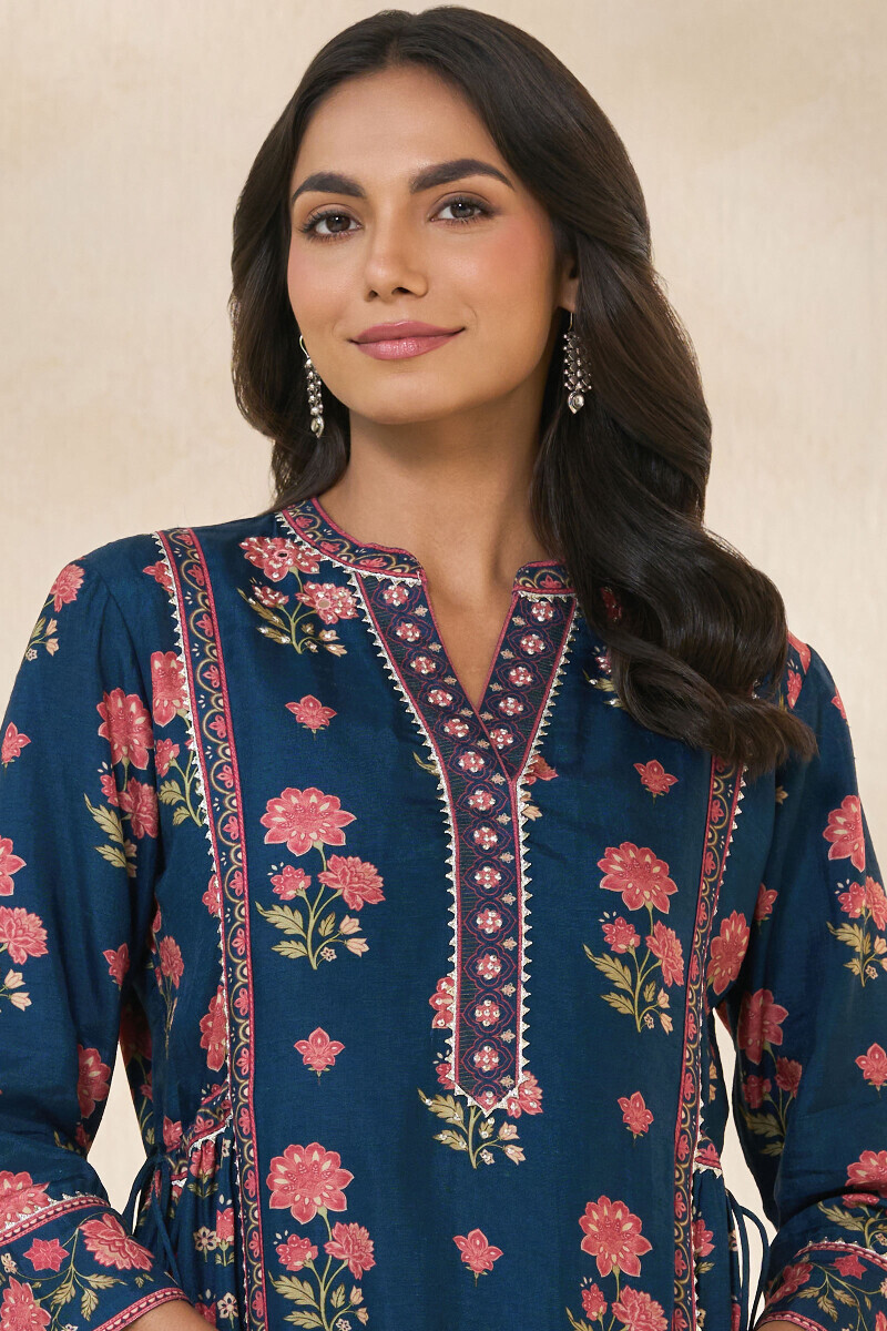 Blue Printed A-Line Dola Silk Kurta