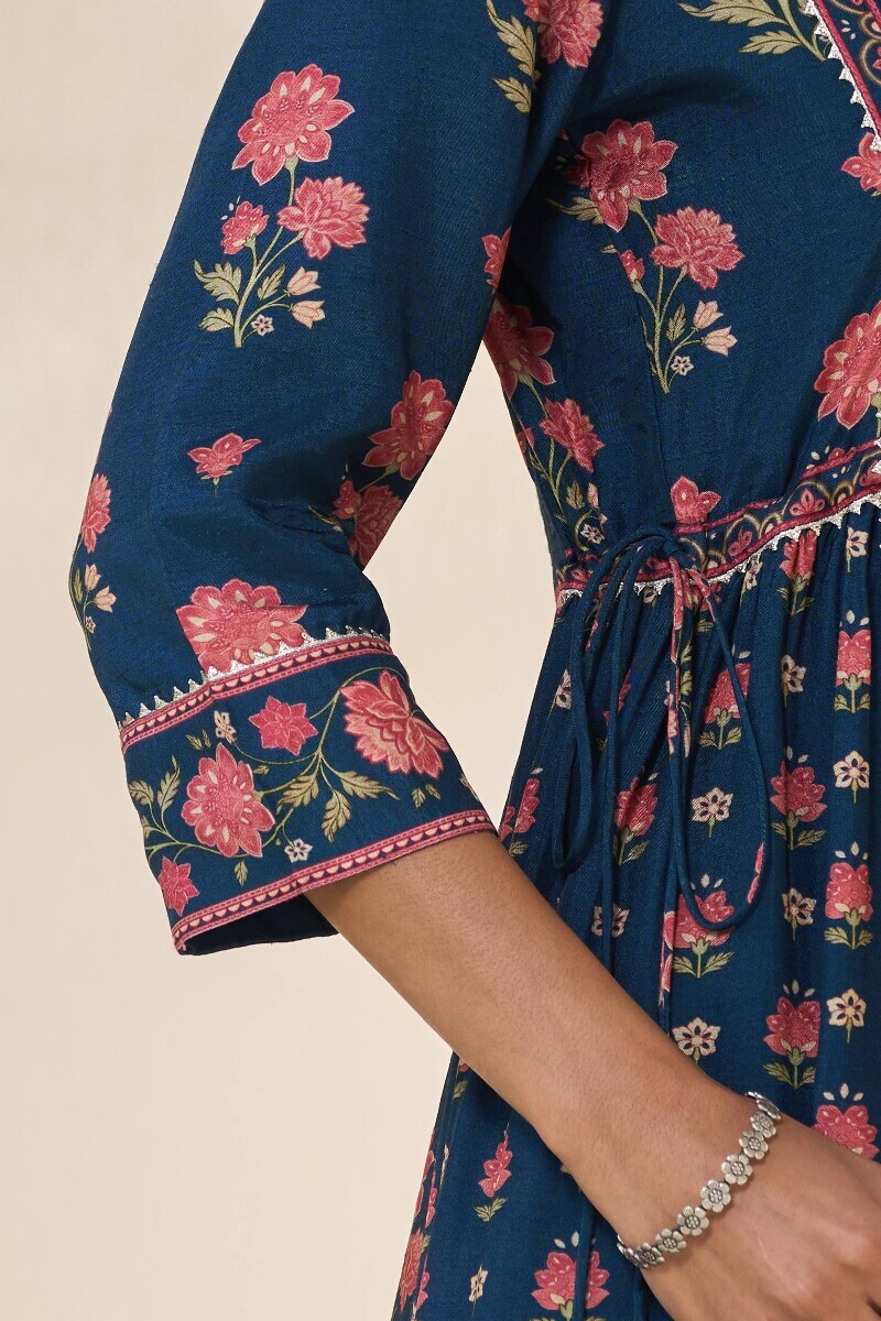Blue Printed A-Line Dola Silk Kurta