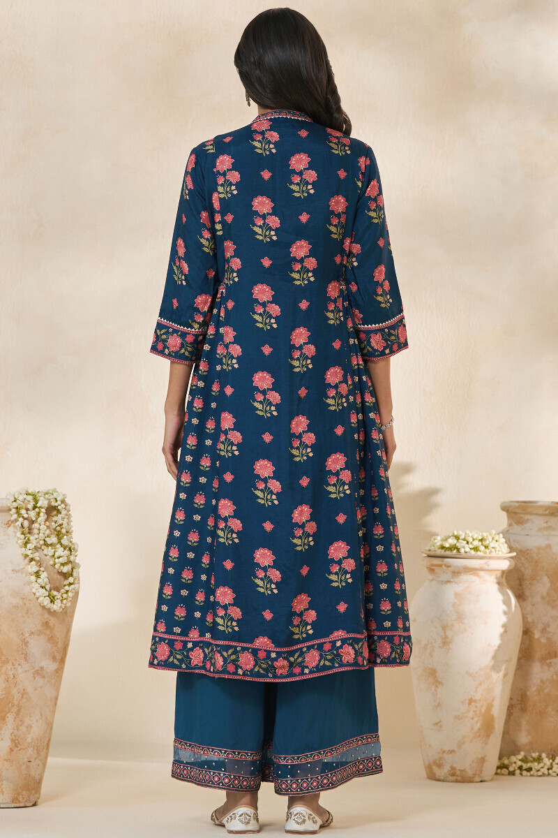 Blue Printed A-Line Dola Silk Kurta