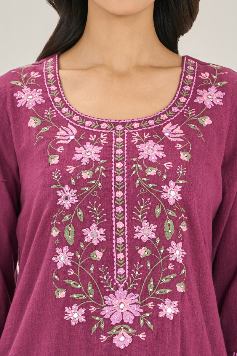 Purple Handcrafted Straight Gauze Slub Kurta