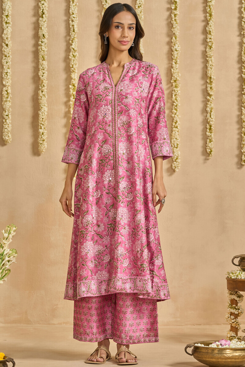 Pink Hand Block Printed A-Line Chanderi Kurta