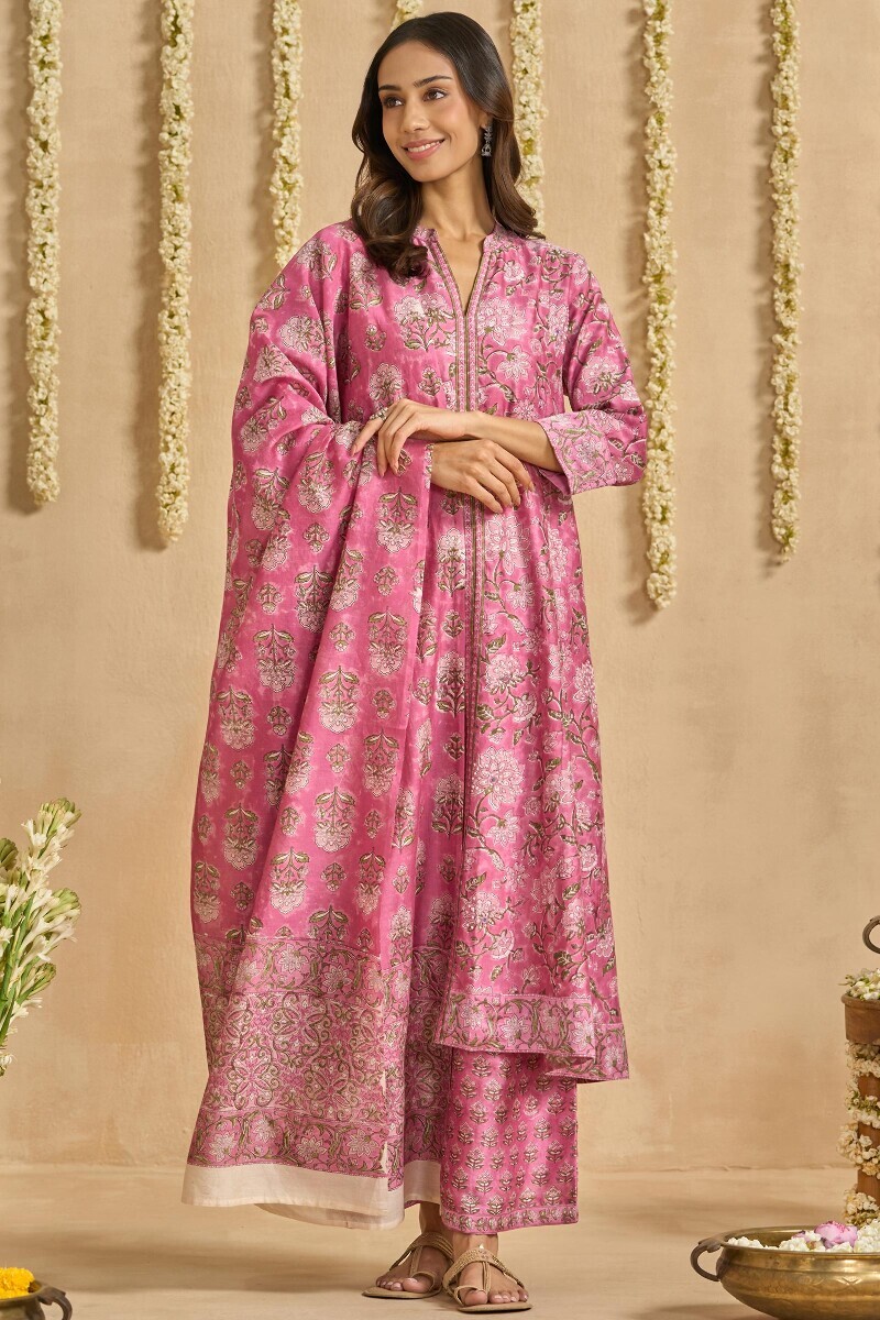 Pink Hand Block Printed A-Line Chanderi Kurta