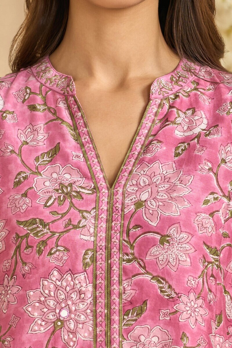 Pink Hand Block Printed A-Line Chanderi Kurta