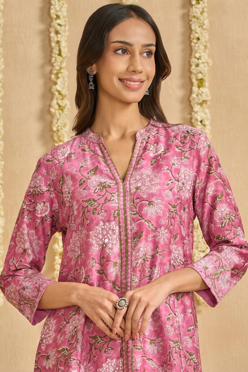 Pink Hand Block Printed A-Line Chanderi Kurta
