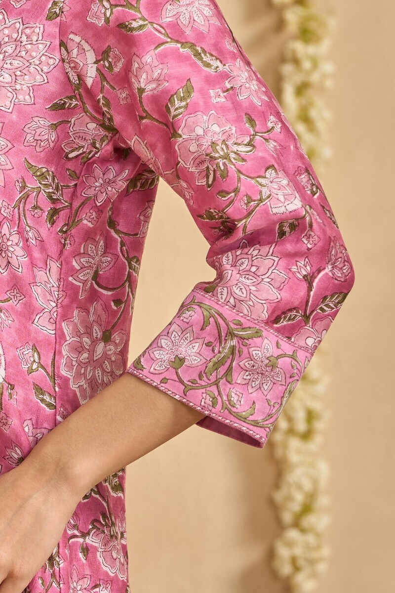 Pink Hand Block Printed A-Line Chanderi Kurta