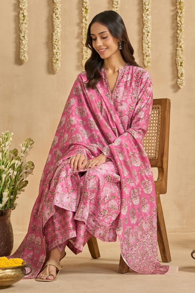 Pink Hand Block Printed A-Line Chanderi Kurta
