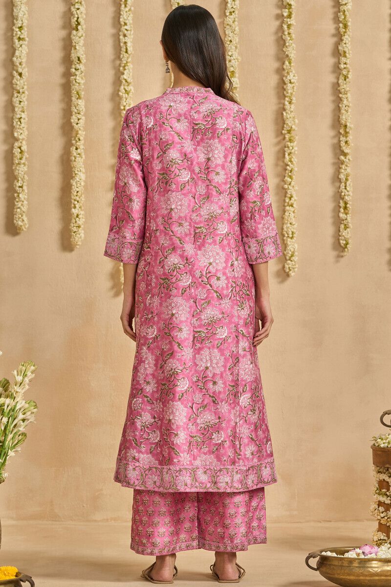 Pink Hand Block Printed A-Line Chanderi Kurta