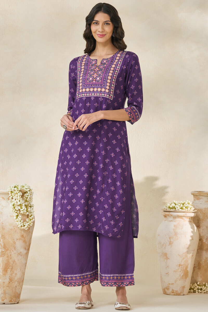 Purple Printed Straight Viscose Kurta