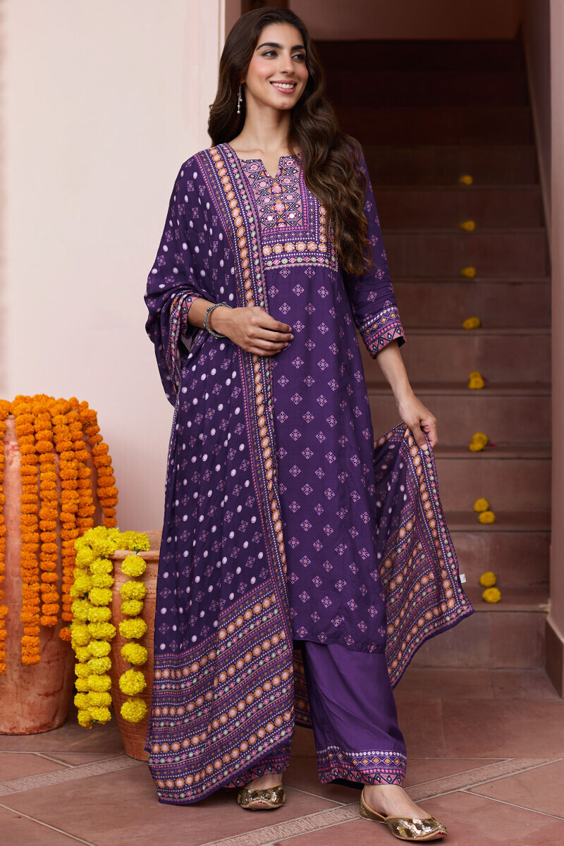 Purple Printed Straight Viscose Kurta