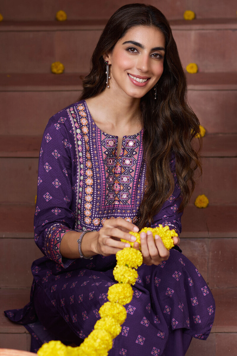 Purple Printed Straight Viscose Kurta