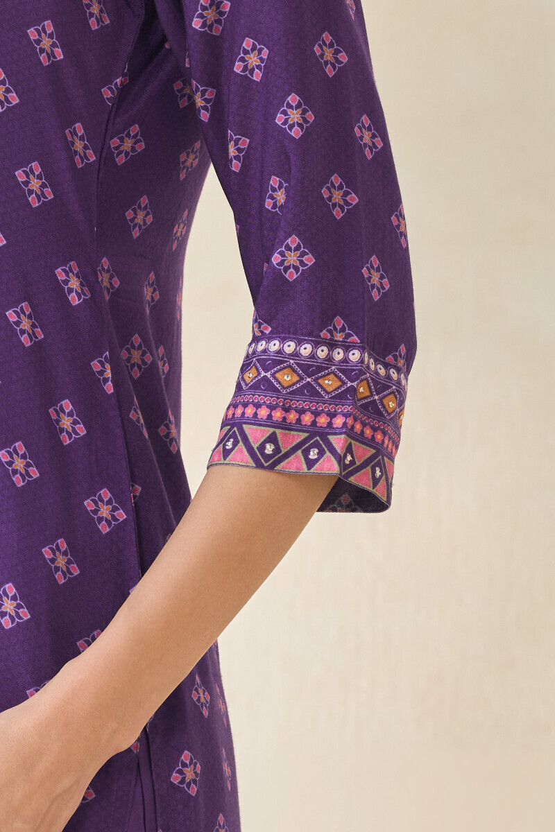 Purple Printed Straight Viscose Kurta