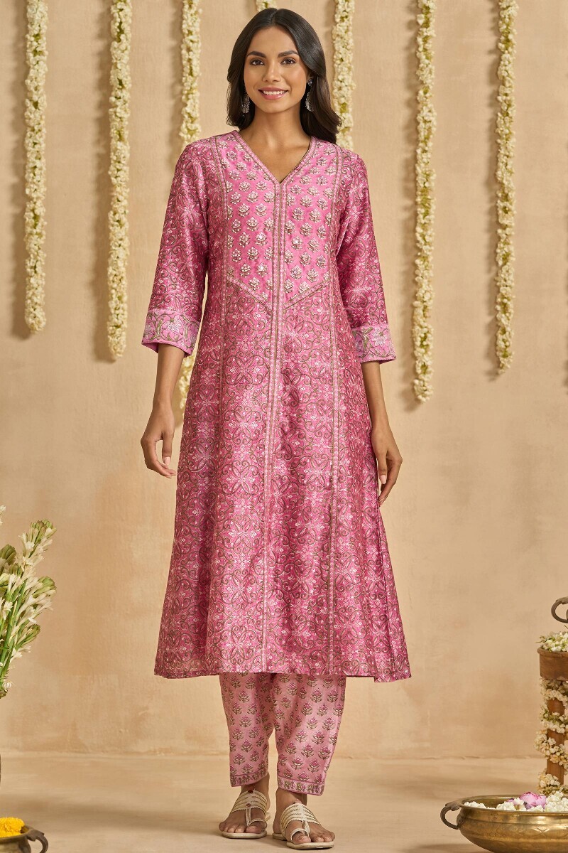 Pink Hand Block Printed A-Line Chanderi Kurta