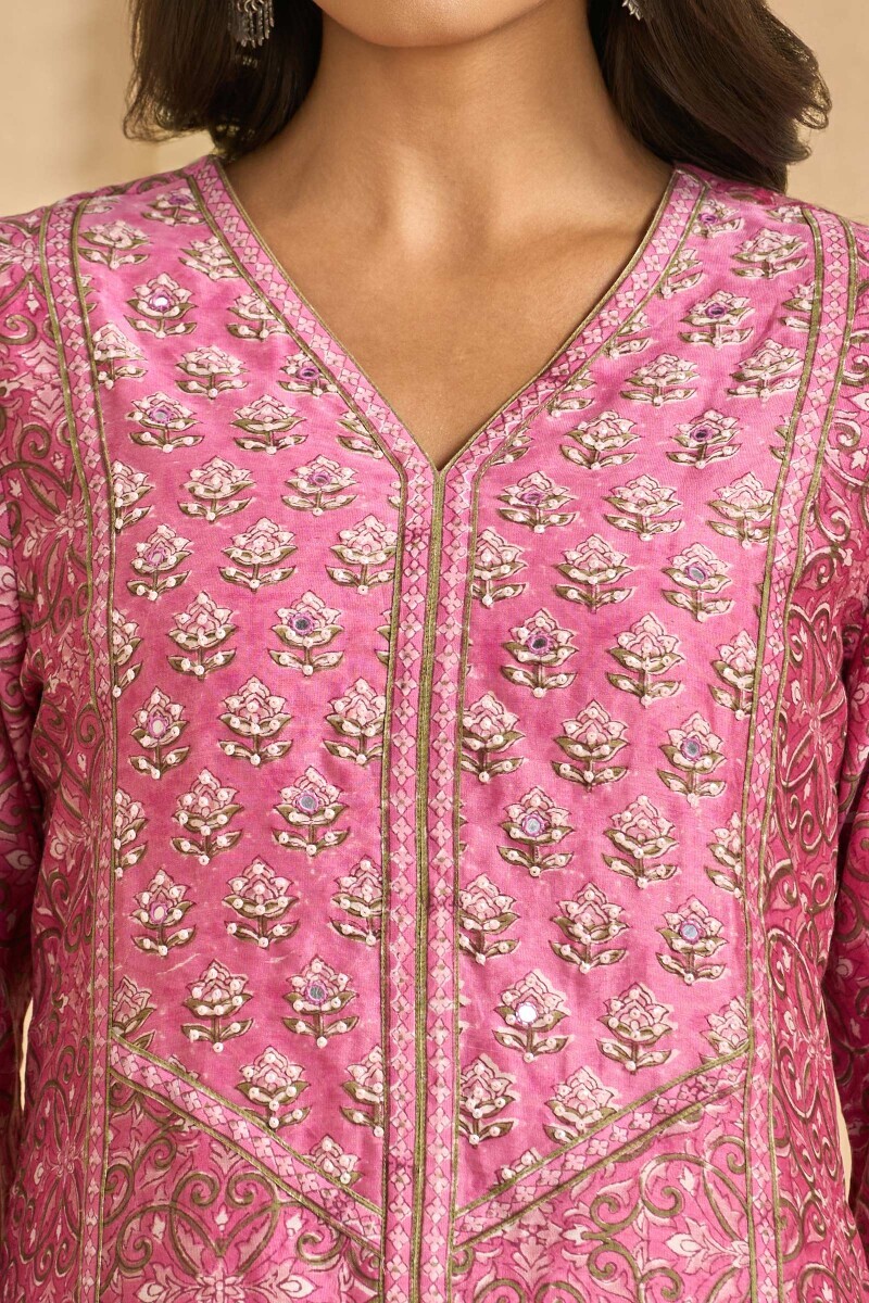 Pink Hand Block Printed A-Line Chanderi Kurta
