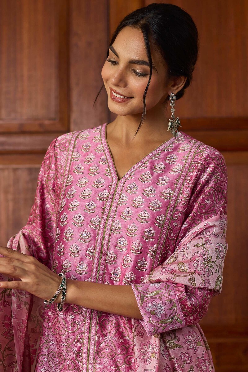 Pink Hand Block Printed A-Line Chanderi Kurta