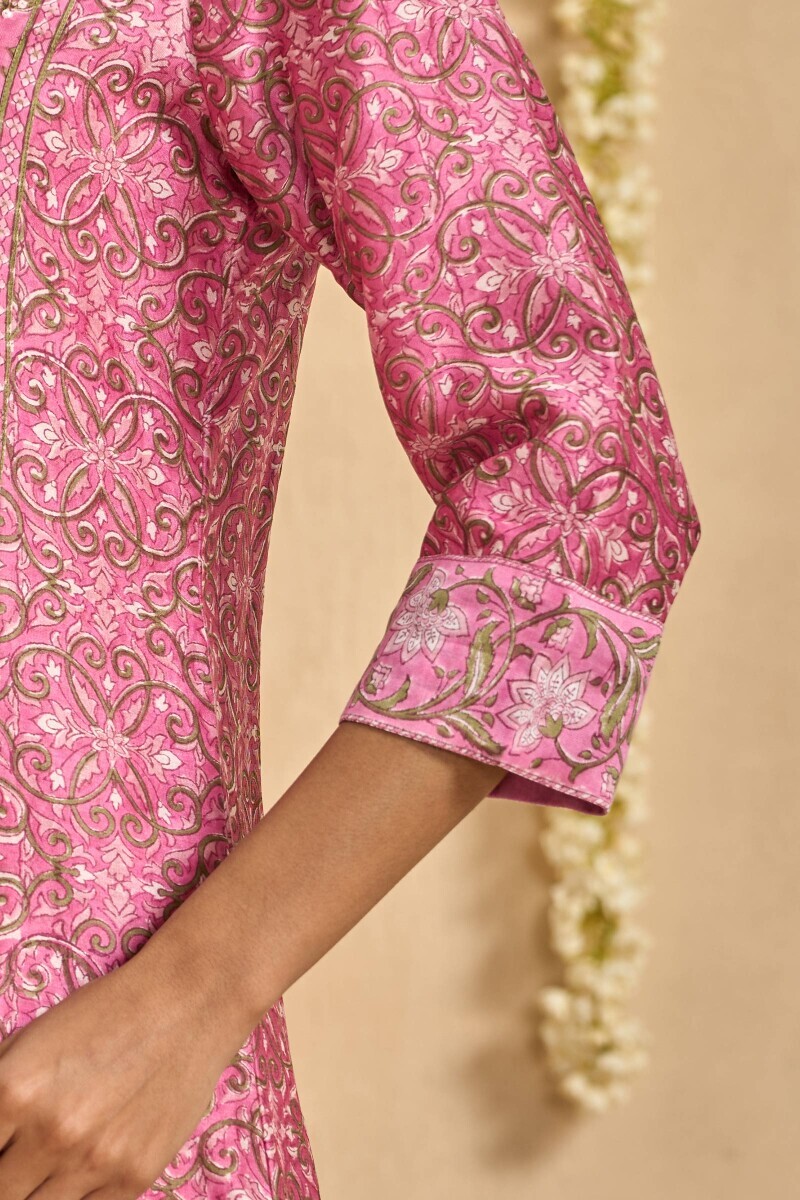 Pink Hand Block Printed A-Line Chanderi Kurta
