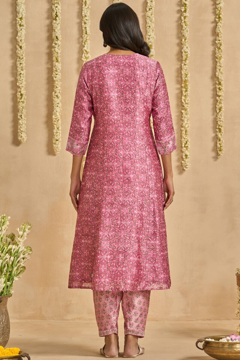 Pink Hand Block Printed A-Line Chanderi Kurta