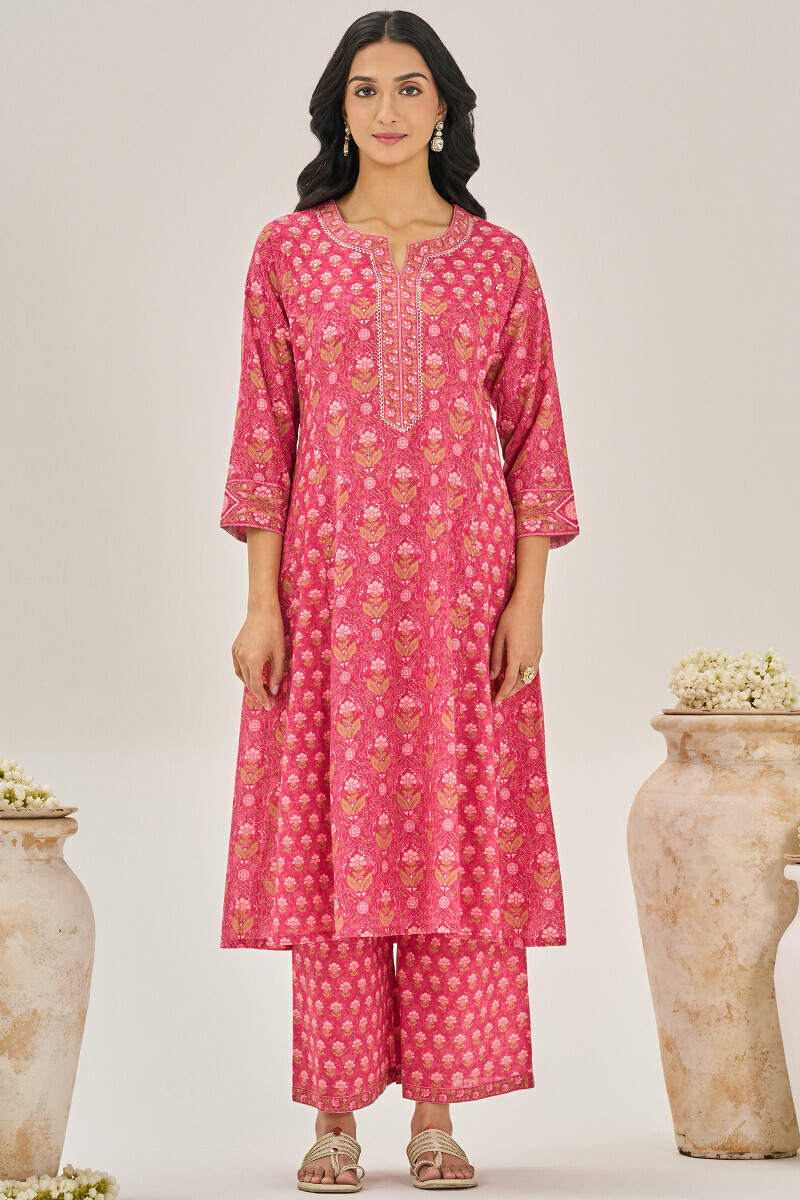 Pink Printed A-Line Cotton Slub Kurta