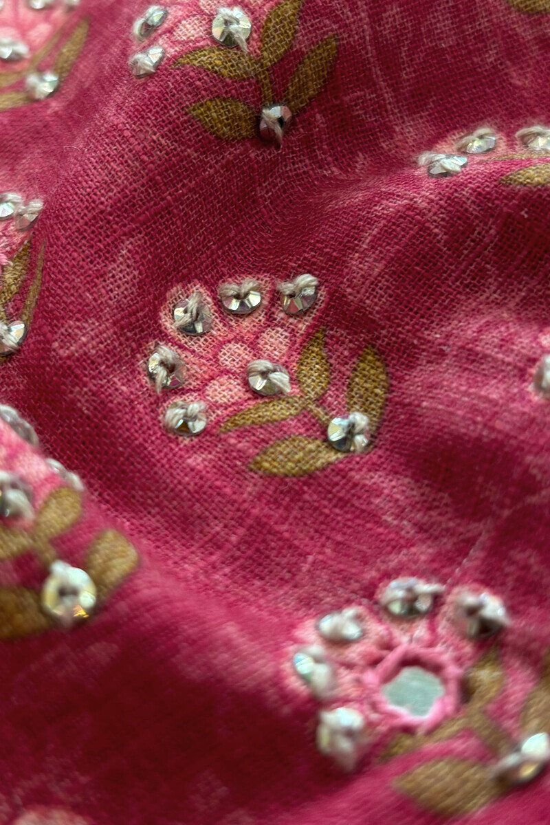 Pink Printed A-Line Cotton Slub Kurta