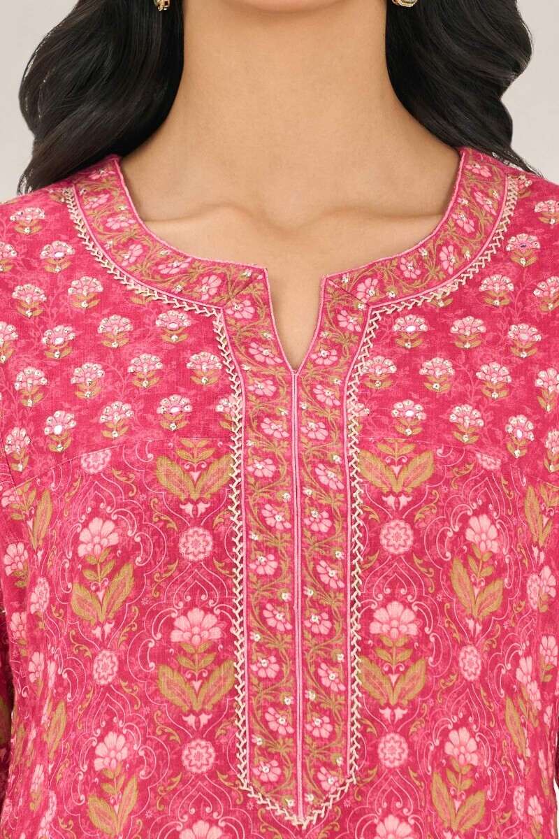 Pink Printed A-Line Cotton Slub Kurta