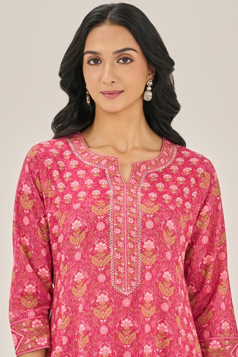 Pink Printed A-Line Cotton Slub Kurta