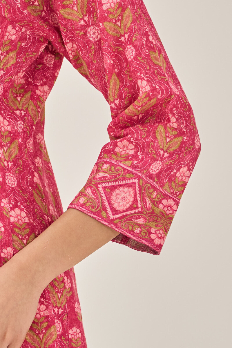 Pink Printed A-Line Cotton Slub Kurta
