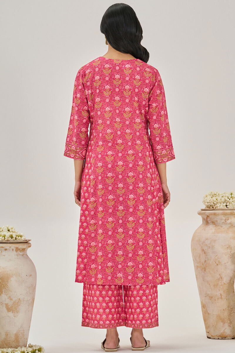 Pink Printed A-Line Cotton Slub Kurta