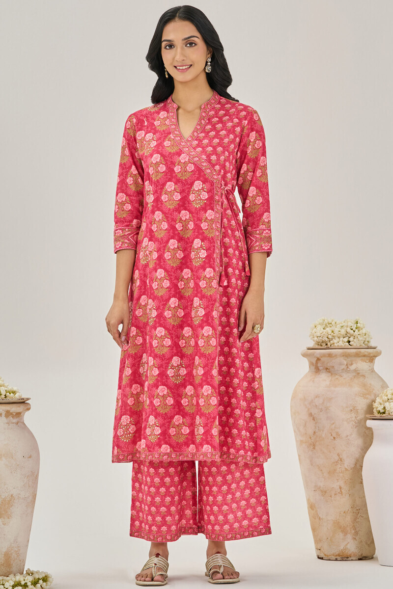 Pink Printed Angrakha Cotton Slub Kurta