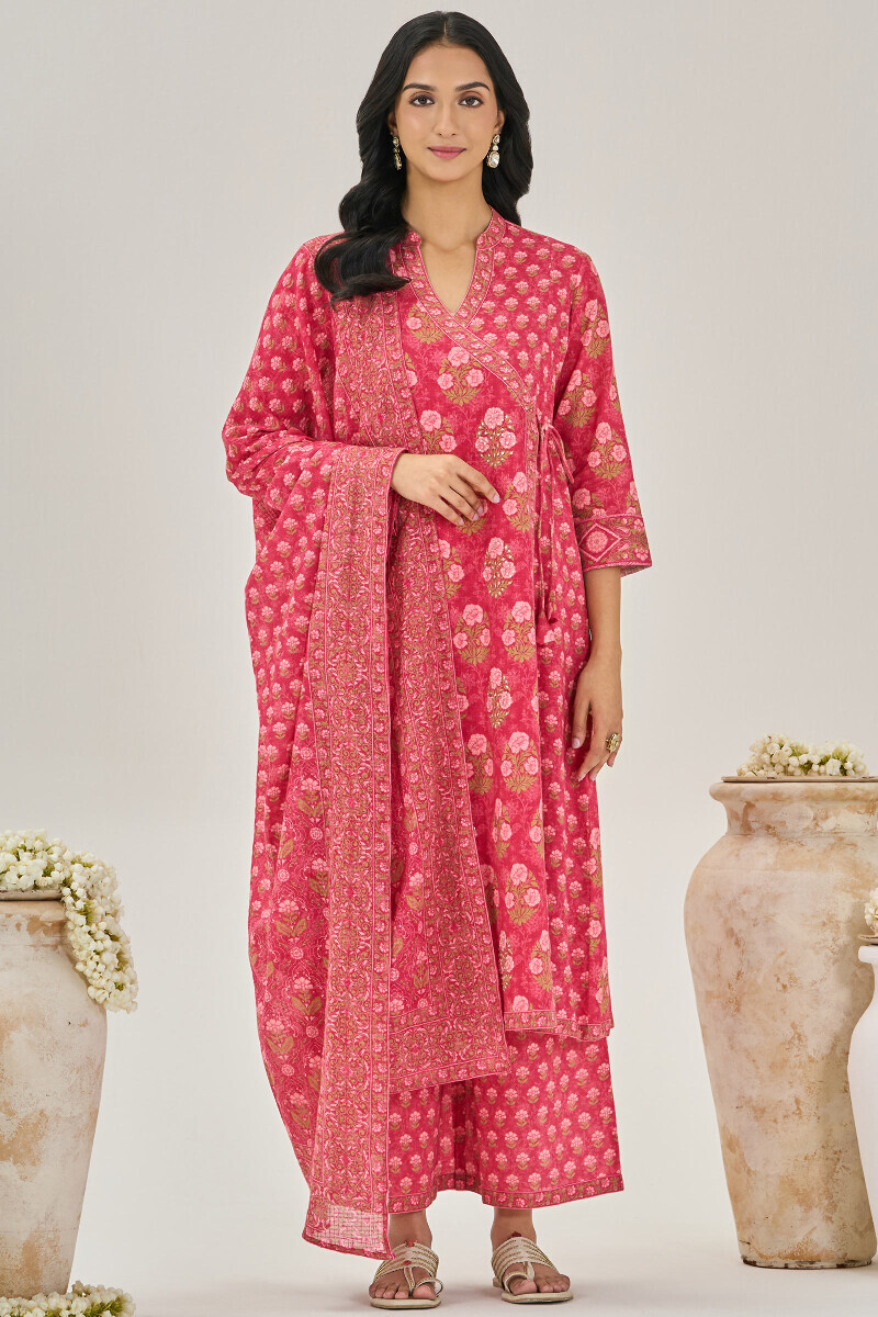 Pink Printed Angrakha Cotton Slub Kurta