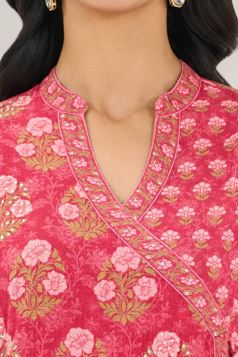 Pink Printed Angrakha Cotton Slub Kurta