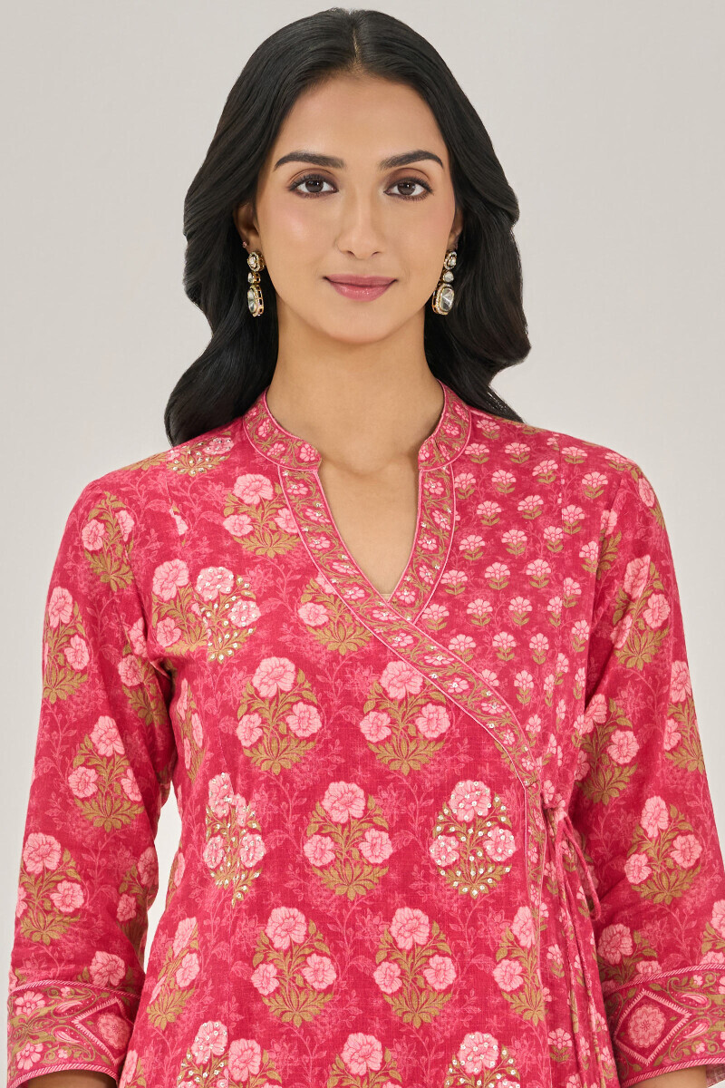Pink Printed Angrakha Cotton Slub Kurta