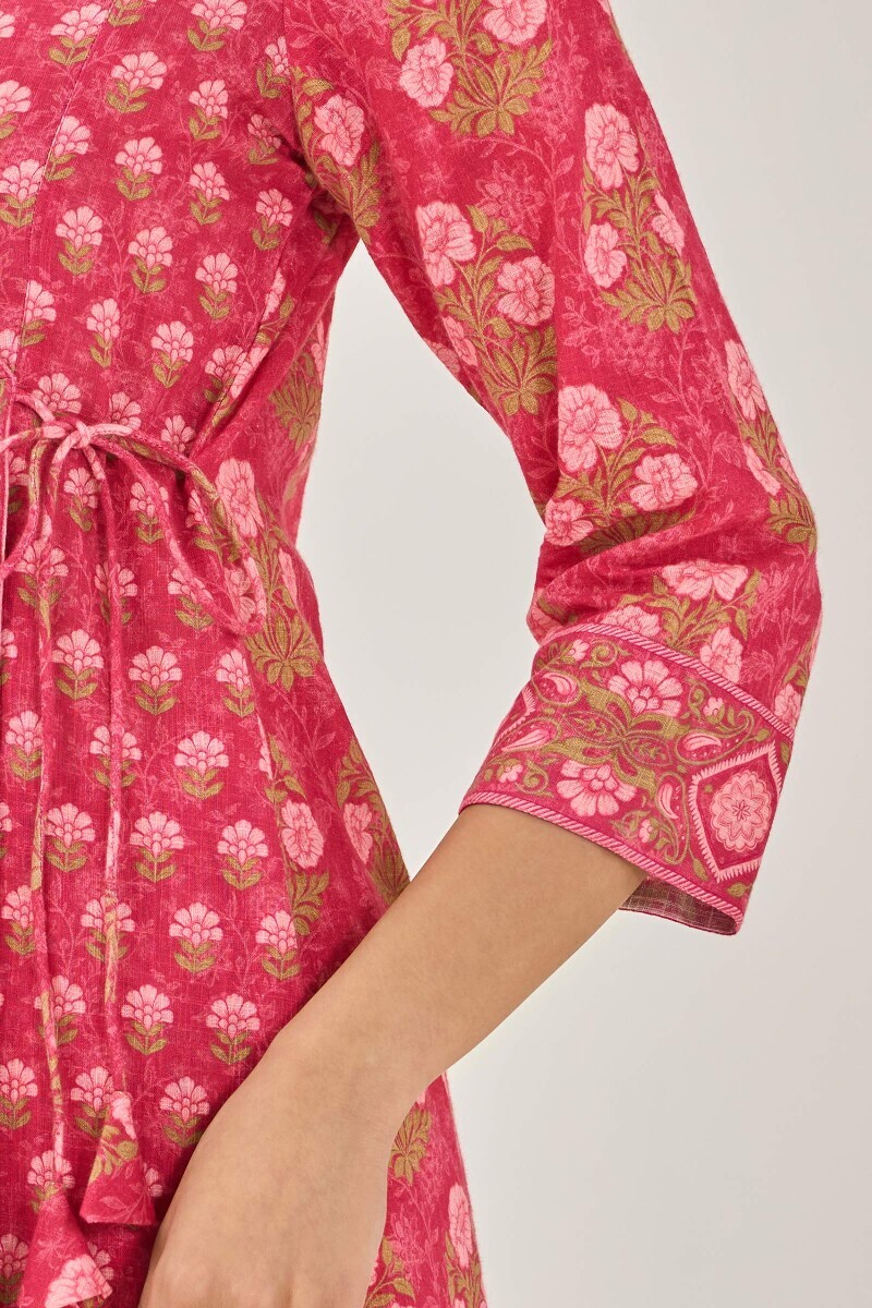 Pink Printed Angrakha Cotton Slub Kurta