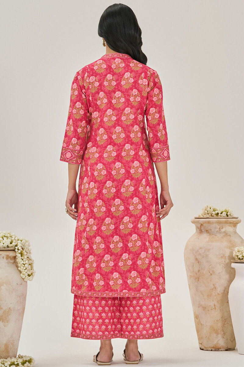 Pink Printed Angrakha Cotton Slub Kurta