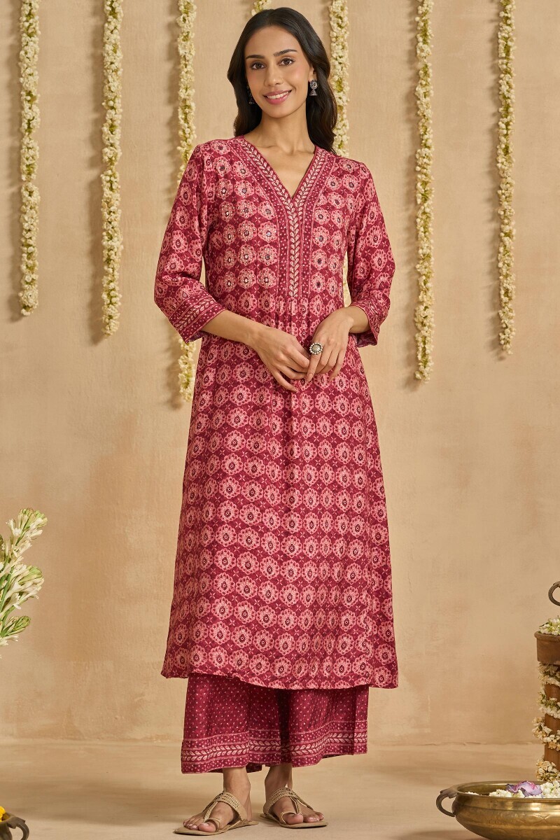 Maroon Printed A-Line Viscose Kurta