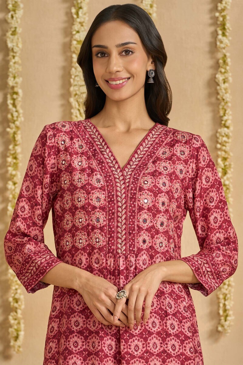 Maroon Printed A-Line Viscose Kurta