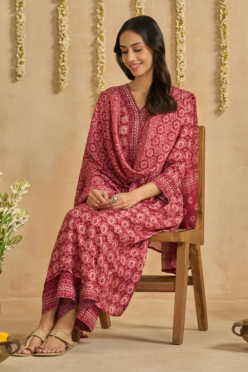 Maroon Printed A-Line Viscose Kurta
