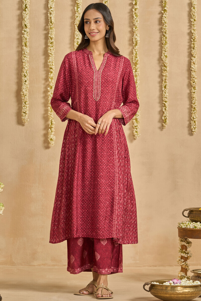 Maroon Printed A-Line Viscose Kurta