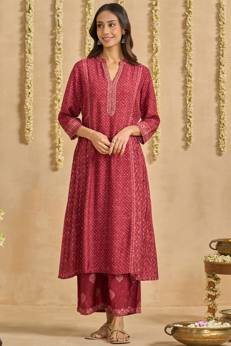 Maroon Printed A-Line Viscose Kurta